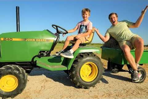 Using tools and kids tractor to fix flat tire on Mud Mower | Tractors for kids