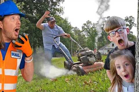 Handyman Hal helps friend with Lawn Care | Mowers and leaf blowers for kids