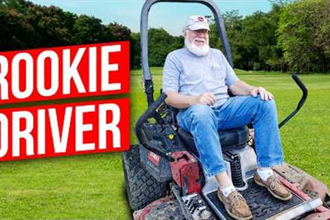 69 Year Old Learns How to Drive a Toro Zero Turn Mower and Exmark Staris