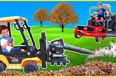 Forklift leaf blower clean up and cutting the grass with riding lawn mower and weed eater for kids