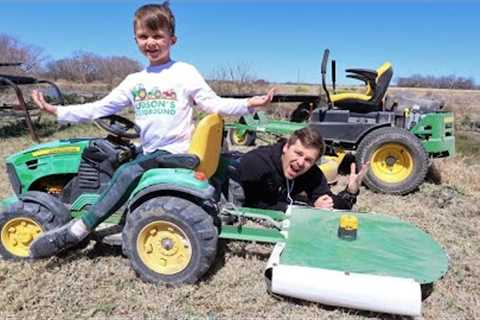 Hudson''s new kids mower working on the farm cutting grass and hay | Tractors for kids